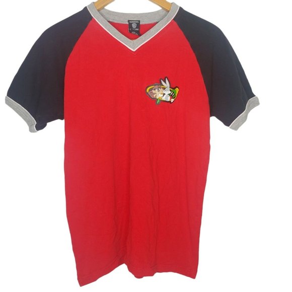 Vintage 90s Warner Bros Store Men M T Shirt Rubber Taz Bugs Bunny Marvin V Neck - Picture 1 of 7